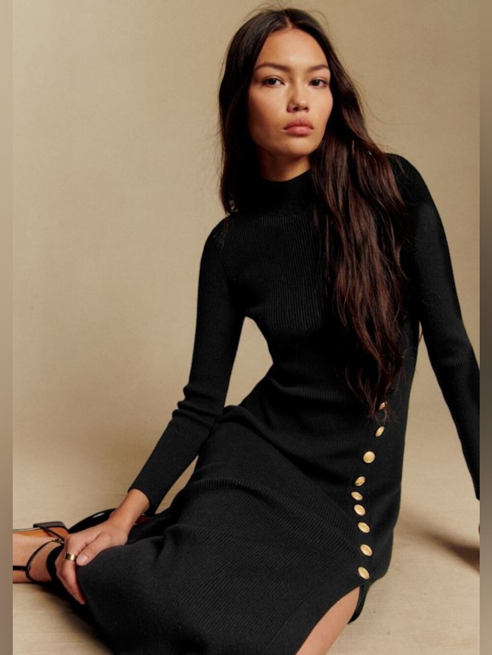 ✒️ Sézane - Harper Dress - Black - Merino Wool - Gold Buttons - S